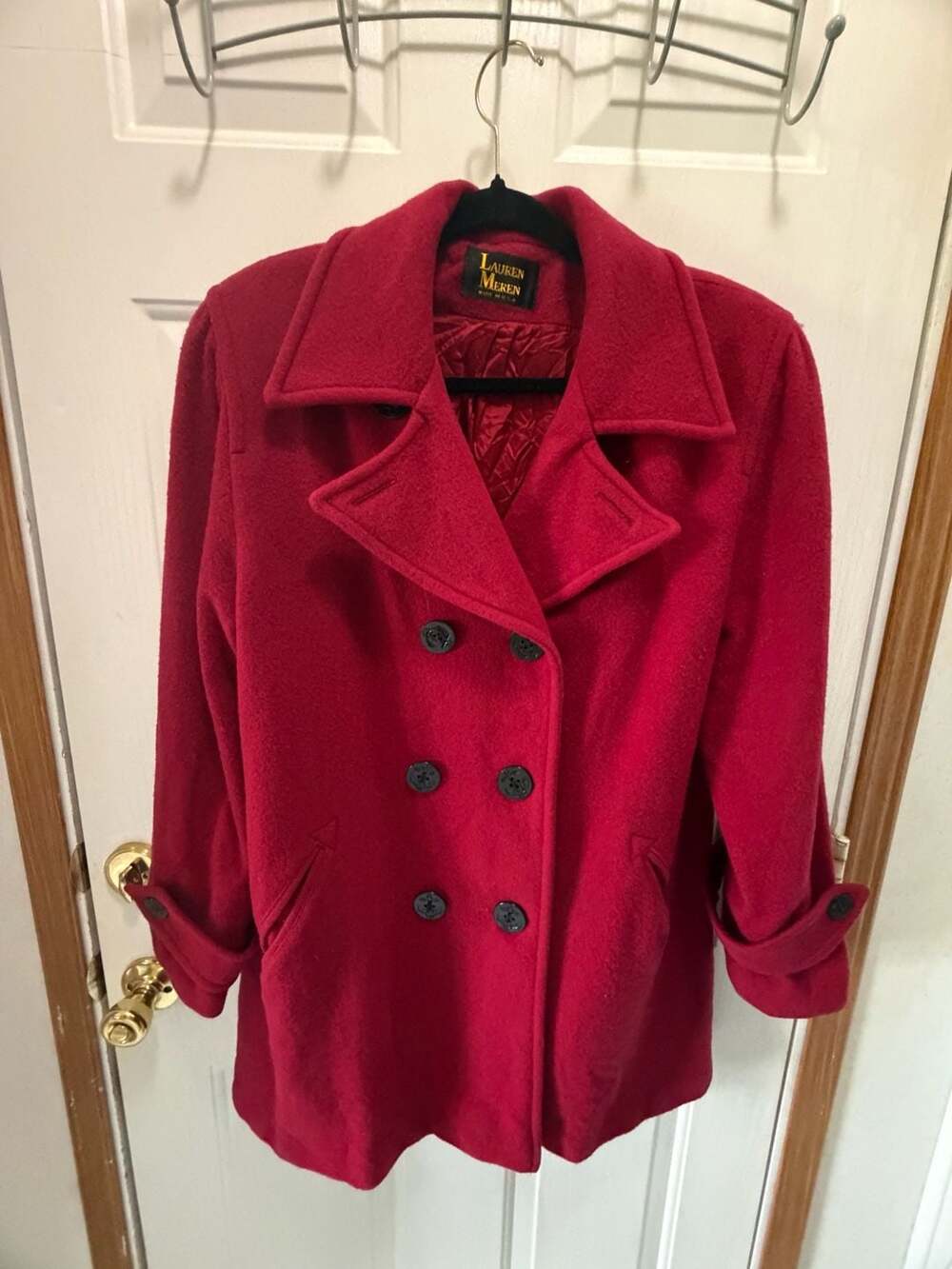 Lauren Meren Red 100% Wool Double Breasted Pea Coat